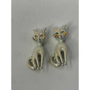 Vintage Iridescent White Cat Brooch Pair Mid Century Modern Style Pins
